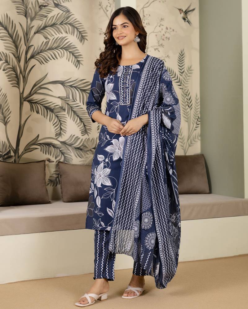 women's pure cotton embroidery work printed kurta pant with dupatta set