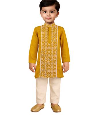 mustard satin kurta pajama set - geometric embroidery navratri 1