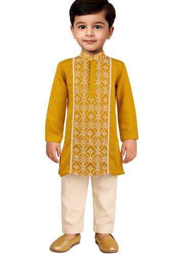 boys mustard satin kurta pajama set - geometric embroidery navratri