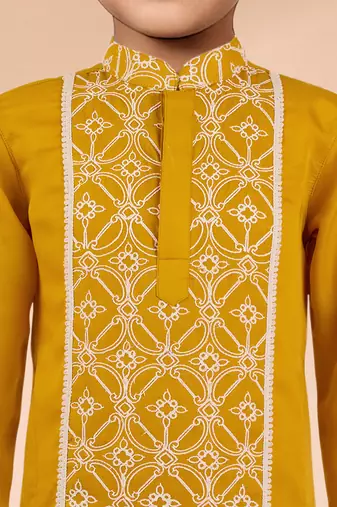  mustard satin kurta pajama set - geometric embroidery navratri