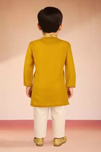  mustard satin kurta pajama set - geometric embroidery navratri
