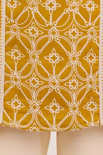  mustard satin kurta pajama set - geometric embroidery navratri