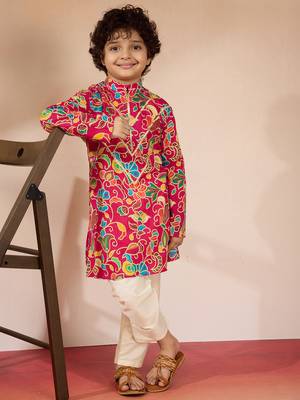  Pink cotton kurta pajama set - digital floral print navratri 1