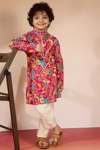  Pink cotton kurta pajama set - digital floral print navratri