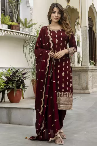women's art silk embroidery sequence work kurta pant set with dupatta for women