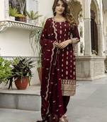 Trendmalls women's art silk embroidery sequence work kurta pant set with dupatta for women