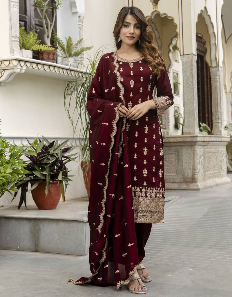 women's art silk embroidery sequence work kurta pant set with dupatta for women