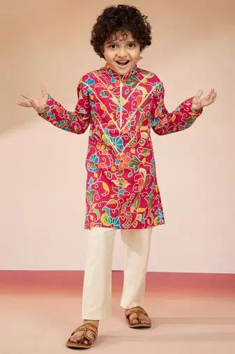  Pink cotton kurta pajama set - digital floral print navratri