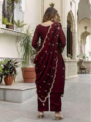 women's art silk embroidery sequence work kurta pant set with dupatta for women 2