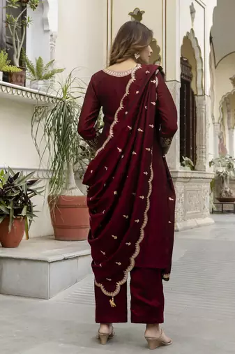 Trendmalls women's art silk embroidery sequence work kurta pant set with dupatta for women