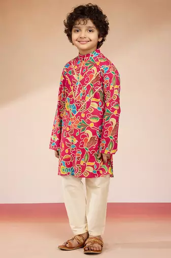 Pink cotton kurta pajama set - digital floral print navratri