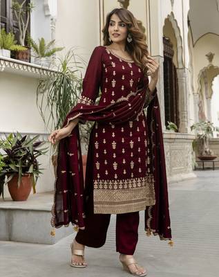 women's art silk embroidery sequence work kurta pant set with dupatta for women 3