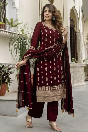 Trendmalls women's art silk embroidery sequence work kurta pant set with dupatta for women