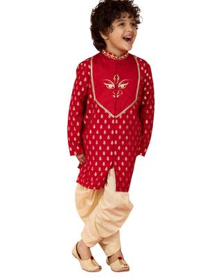  red viscose zari embroidered kurta with dhoti set - navratri special 1