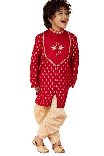 boys red viscose zari embroidered kurta with dhoti set - navratri special