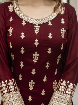 women's art silk embroidery sequence work kurta pant set with dupatta for women 4