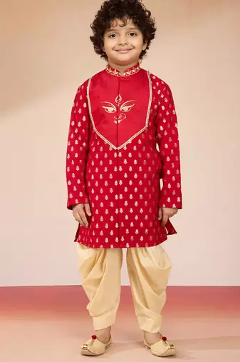  red viscose zari embroidered kurta with dhoti set - navratri special