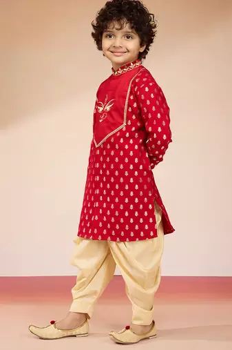  red viscose zari embroidered kurta with dhoti set - navratri special