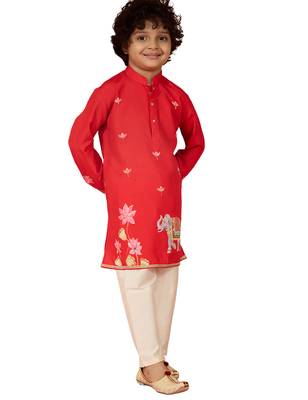  red muslin elephant print kurta with cream pyjama set 1