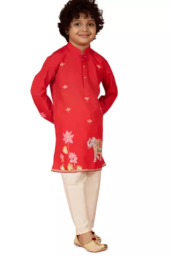 boys red muslin elephant print kurta with cream pyjama set