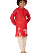  red muslin elephant print kurta with cream pyjama set