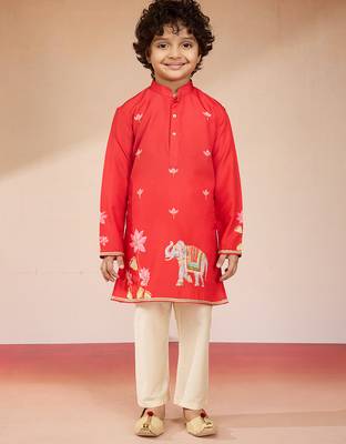  red muslin elephant print kurta with cream pyjama set 3
