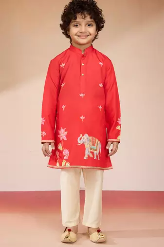  red muslin elephant print kurta with cream pyjama set