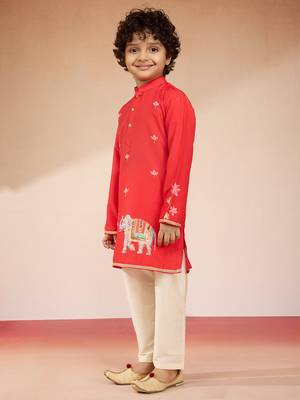  red muslin elephant print kurta with cream pyjama set 4