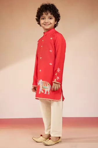  red muslin elephant print kurta with cream pyjama set