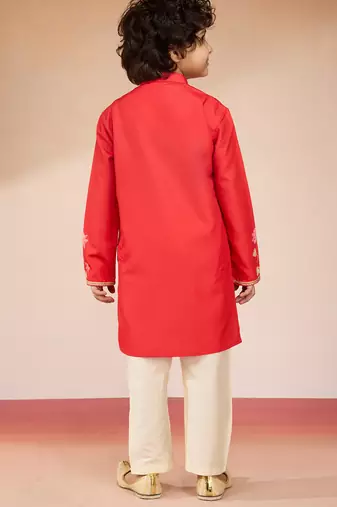  red muslin elephant print kurta with cream pyjama set