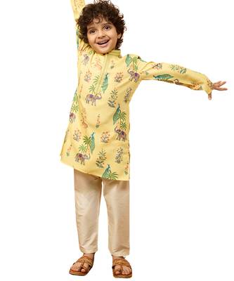  yellow rayon animal print kurta with cream pyjama set - diwali special 1