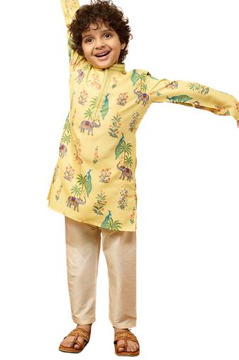 boys yellow rayon animal print kurta with cream pyjama set - diwali special