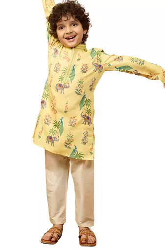 boys yellow rayon animal print kurta with cream pyjama set - diwali special