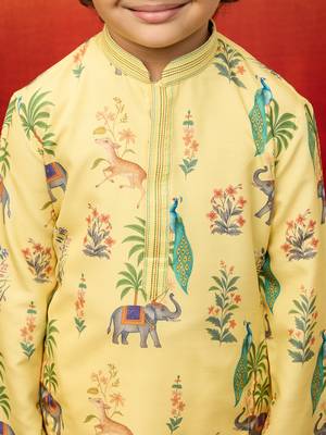  yellow rayon animal print kurta with cream pyjama set - diwali special 2