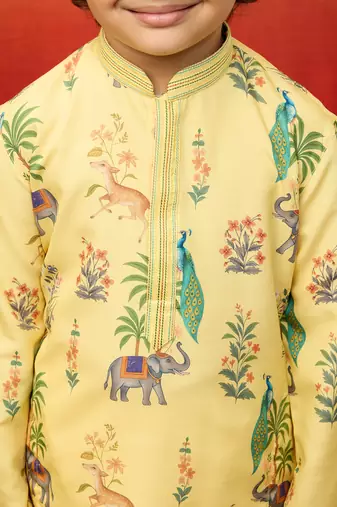  yellow rayon animal print kurta with cream pyjama set - diwali special