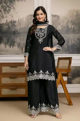 women's chinon embroidery sequence work kurta palazzo with dupatta for women