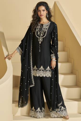 women's chinon embroidery sequence work kurta palazzo with dupatta for women