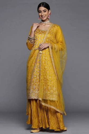 women's art silk embroidery sequence work kurta sharara with dupatta for women