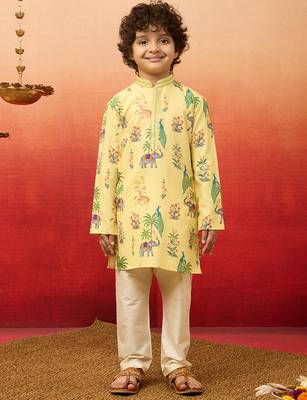  yellow rayon animal print kurta with cream pyjama set - diwali special 3