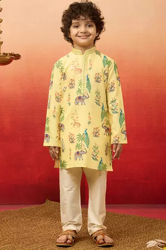  yellow rayon animal print kurta with cream pyjama set - diwali special