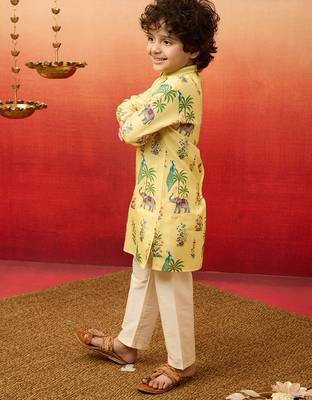  yellow rayon animal print kurta with cream pyjama set - diwali special 4