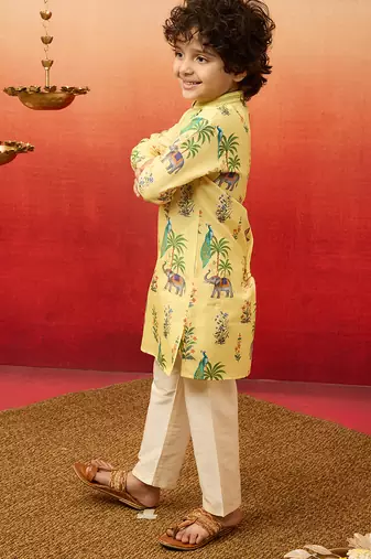  yellow rayon animal print kurta with cream pyjama set - diwali special