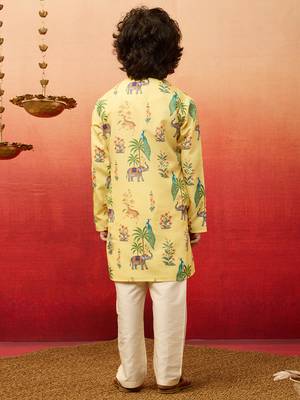  yellow rayon animal print kurta with cream pyjama set - diwali special 5