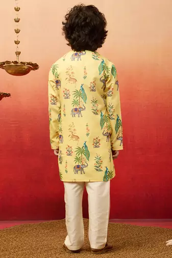  yellow rayon animal print kurta with cream pyjama set - diwali special