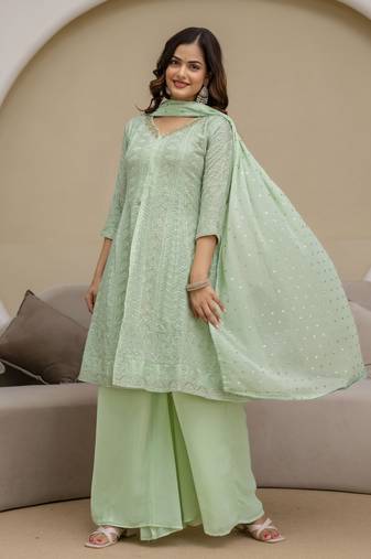 women's georgette embroidery work front slit kurta palazzo with dupatta for women
