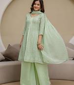 women's georgette embroidery work front slit kurta palazzo with dupatta for women