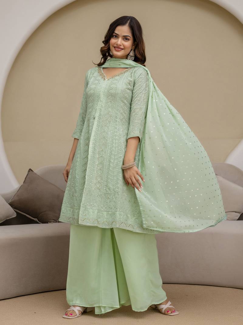 women's georgette embroidery work front slit kurta palazzo with dupatta for women