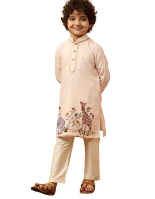  beige rayon elephant giraffe print kurta with cream pyjama set 1