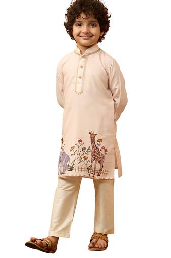 boys beige rayon elephant giraffe print kurta with cream pyjama set