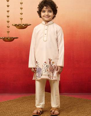  beige rayon elephant giraffe print kurta with cream pyjama set 3
